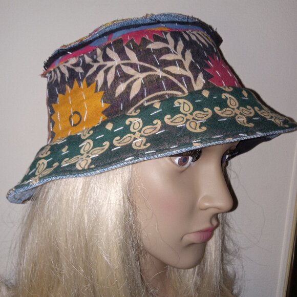 Kantha & Denim Bucket Hat Reversible Black Dark Green Red Patchwork BHAT14. - Picture 2 of 7
